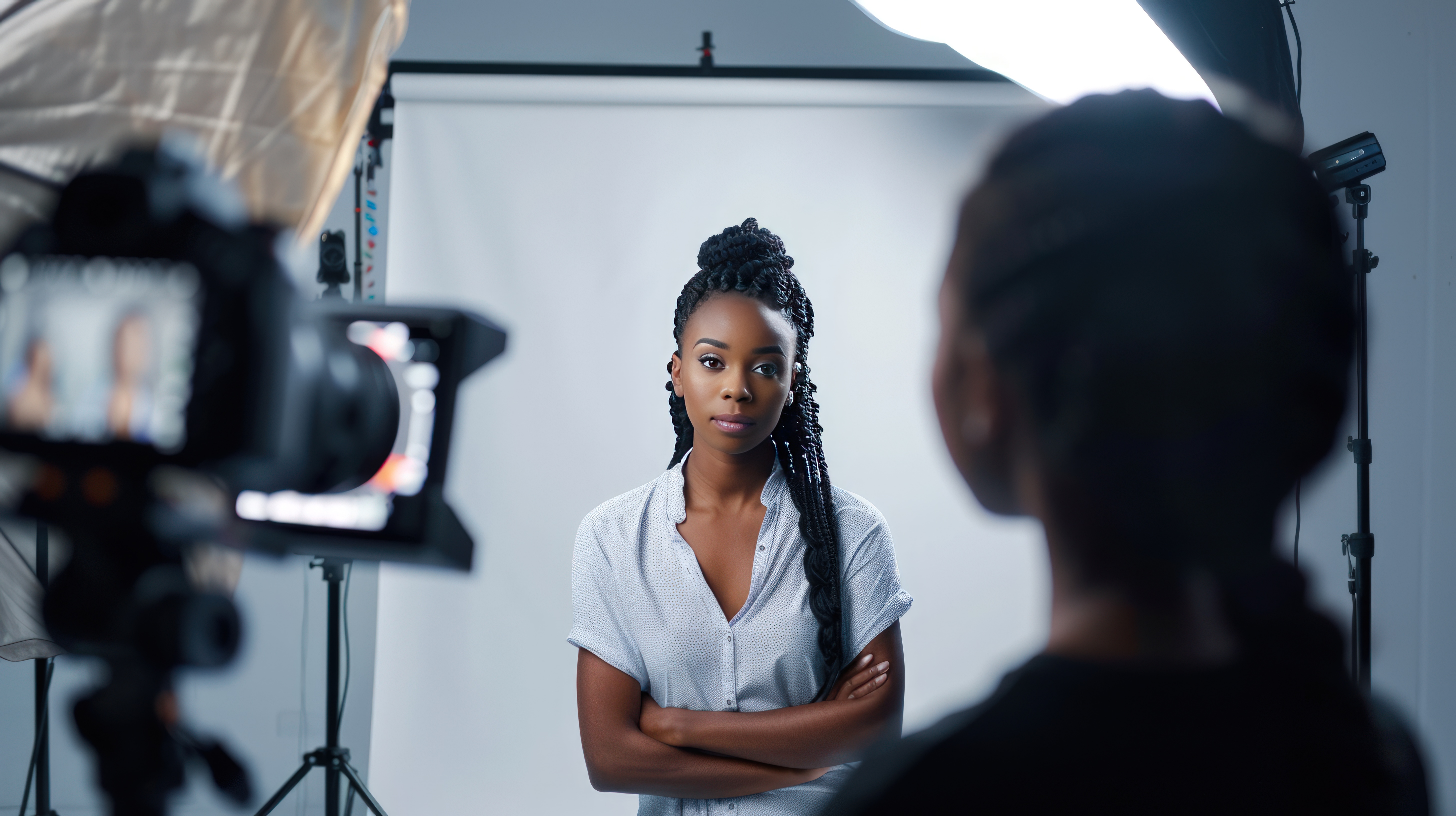 Tournage d’un portrait dans une usine ouest-africaine, caméra sur stabilisateur.